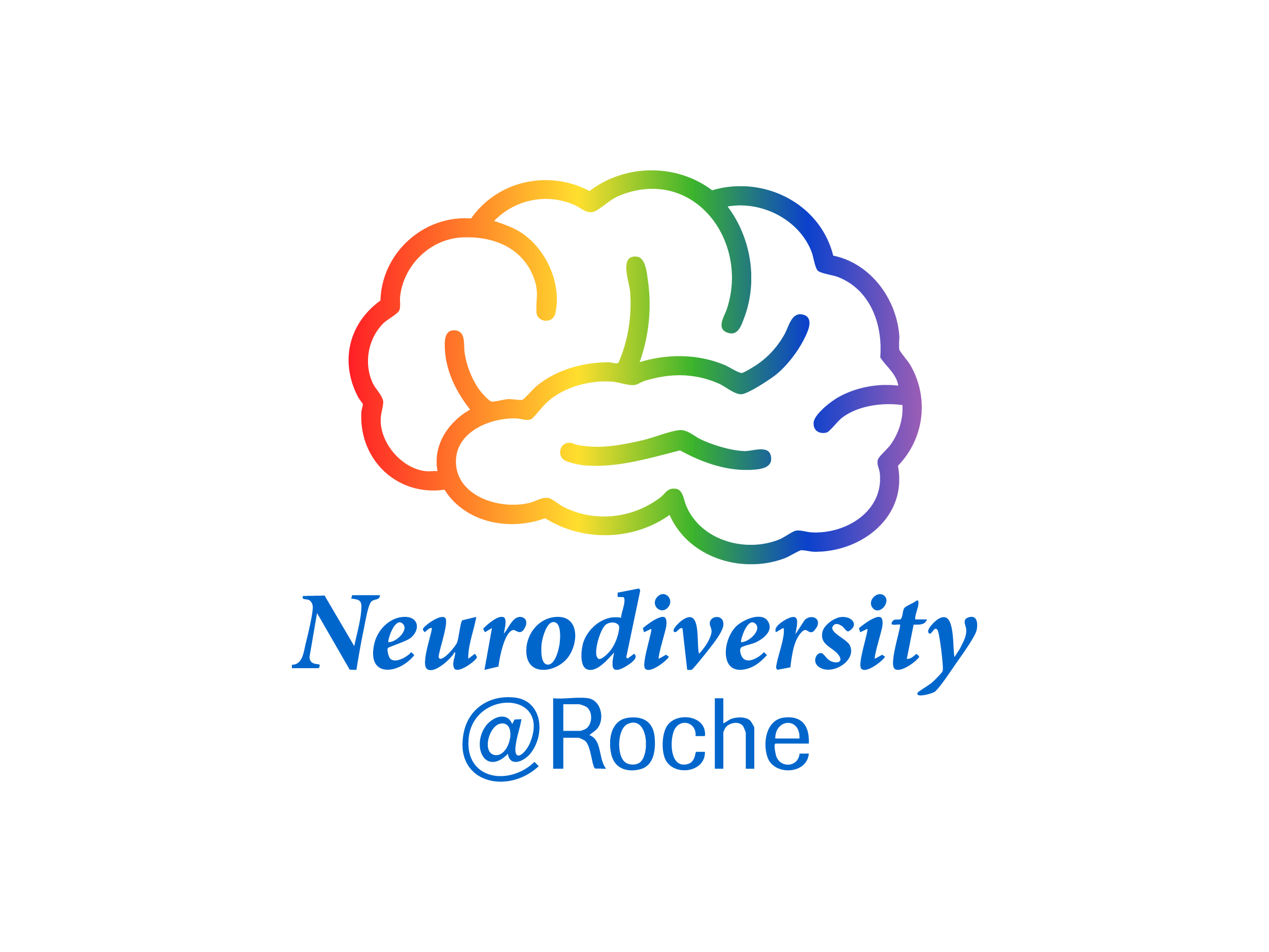 Neurodiversity@Roche Logo - Dargestellt ist die Grafik eines regenbogenfarbiges Gehirns mit dem Namen der Community in blau darunter geschrieben